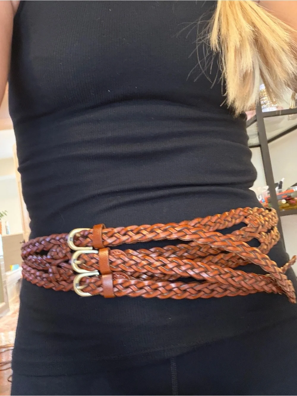 Vintage Braided Triple-Wrap Brown Leather Waist Belt - Unbranded
